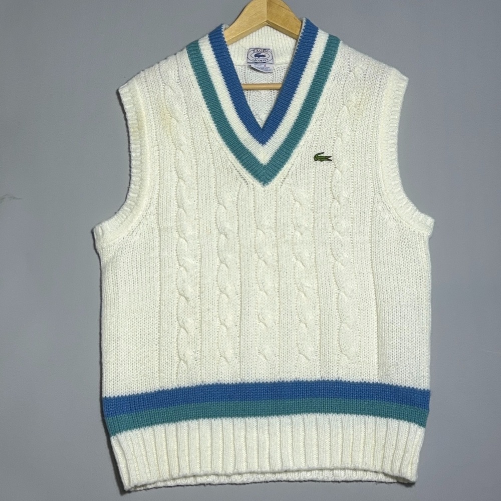Izod Lacoste Cable Knit Vintage Sweater Vest Mens Size Medium‎ White Preppy